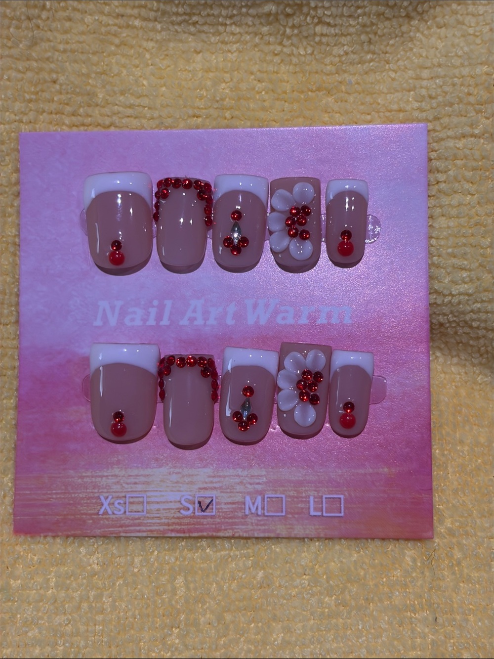 Nude & White Press-On Nails with Red Gems